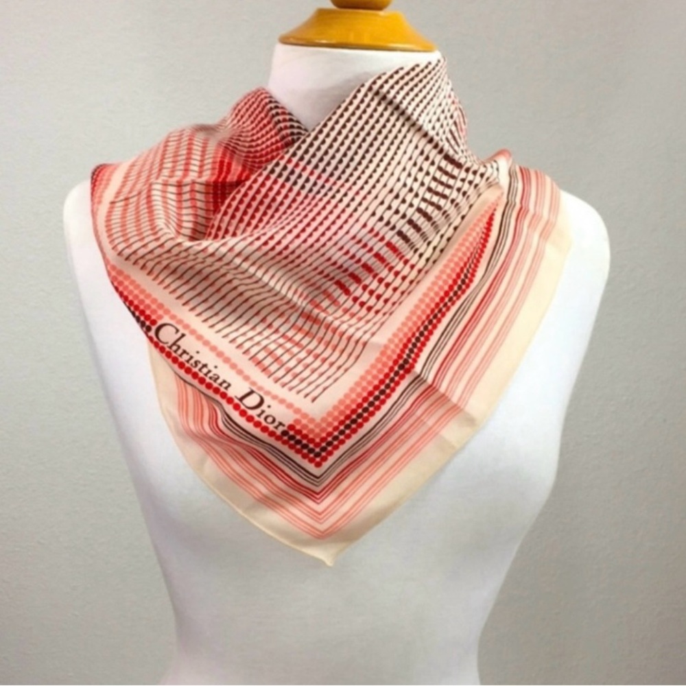 Vintage Christian Dior Red Brown Geometric Polka Dot Silk Square Scarf Luxury